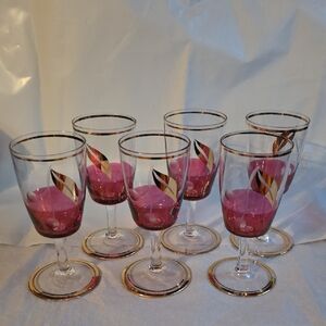 6 Cherry Cordials Vintage Bohemian Ruby Flashed/Etched/Gold Accents